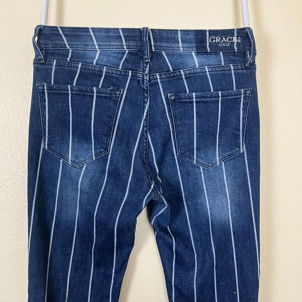 Grace in LA Women Size 25 Stripe Flare Denim Jeans Frayed Bell Bottom Western